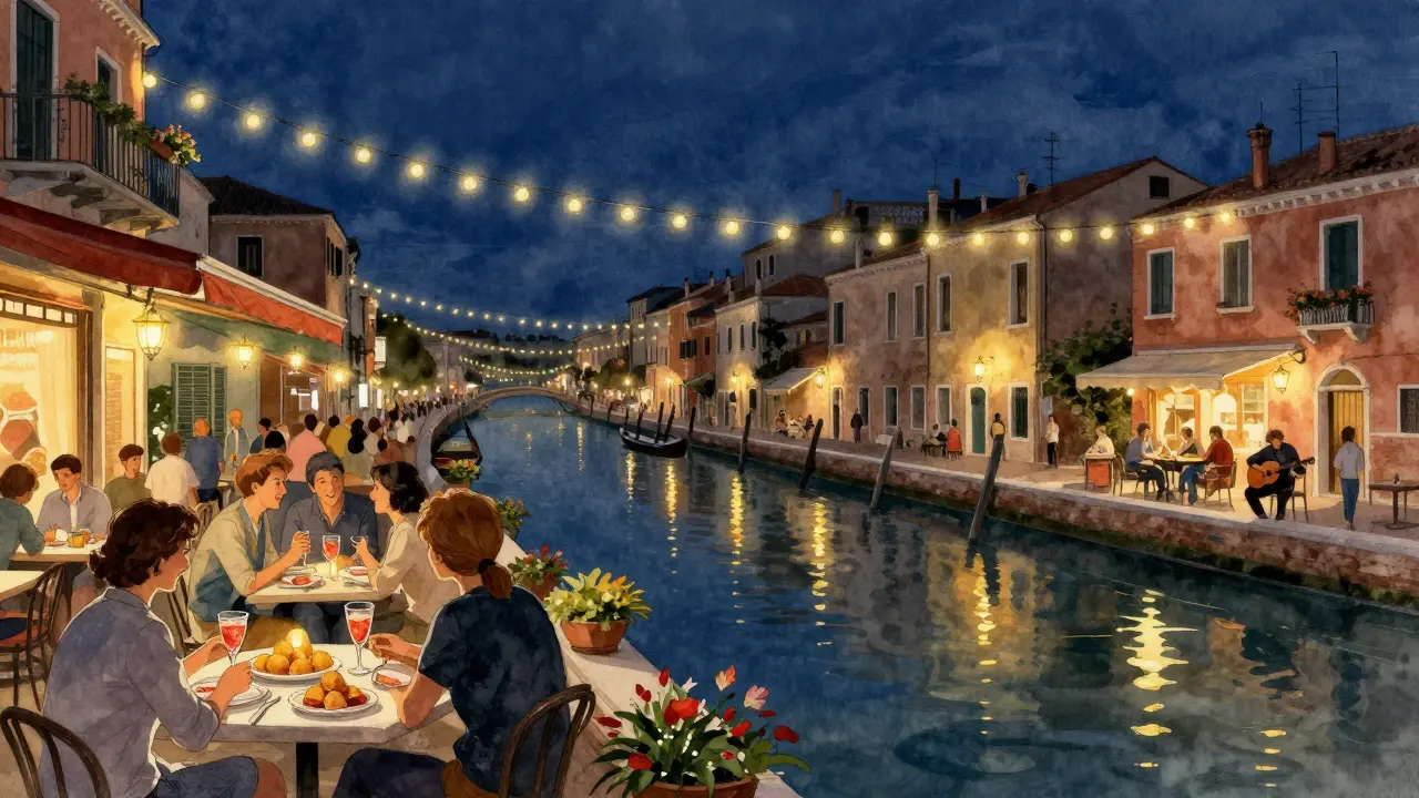 Navigli canal at midnight with string lights, people dining at outdoor tables.