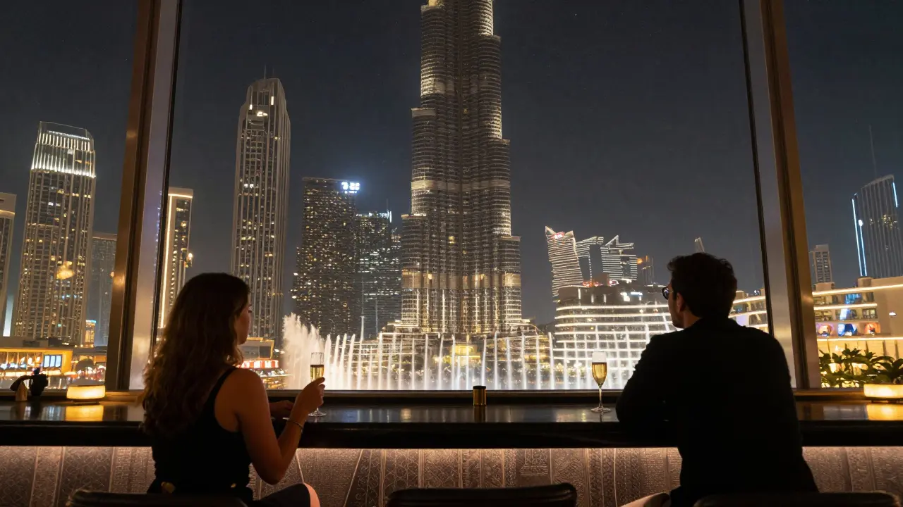 Rooftop bar with Burj Khalifa in background, patrons enjoying champagne under city lights.