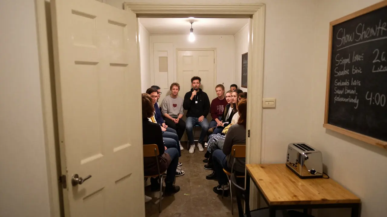Small group watching a comedian in a hidden backroom with a toaster on the table.