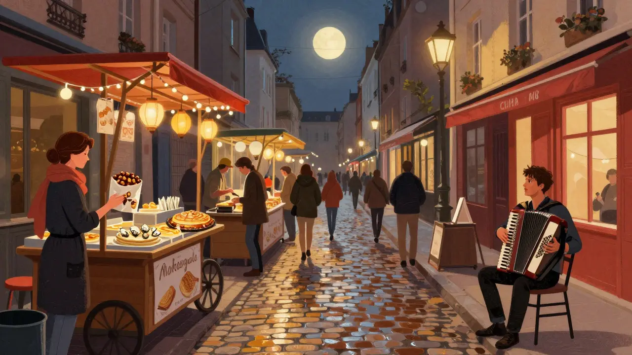 Street vendors selling chestnuts and crêpes under lanterns on Montorgueil Street after dark.