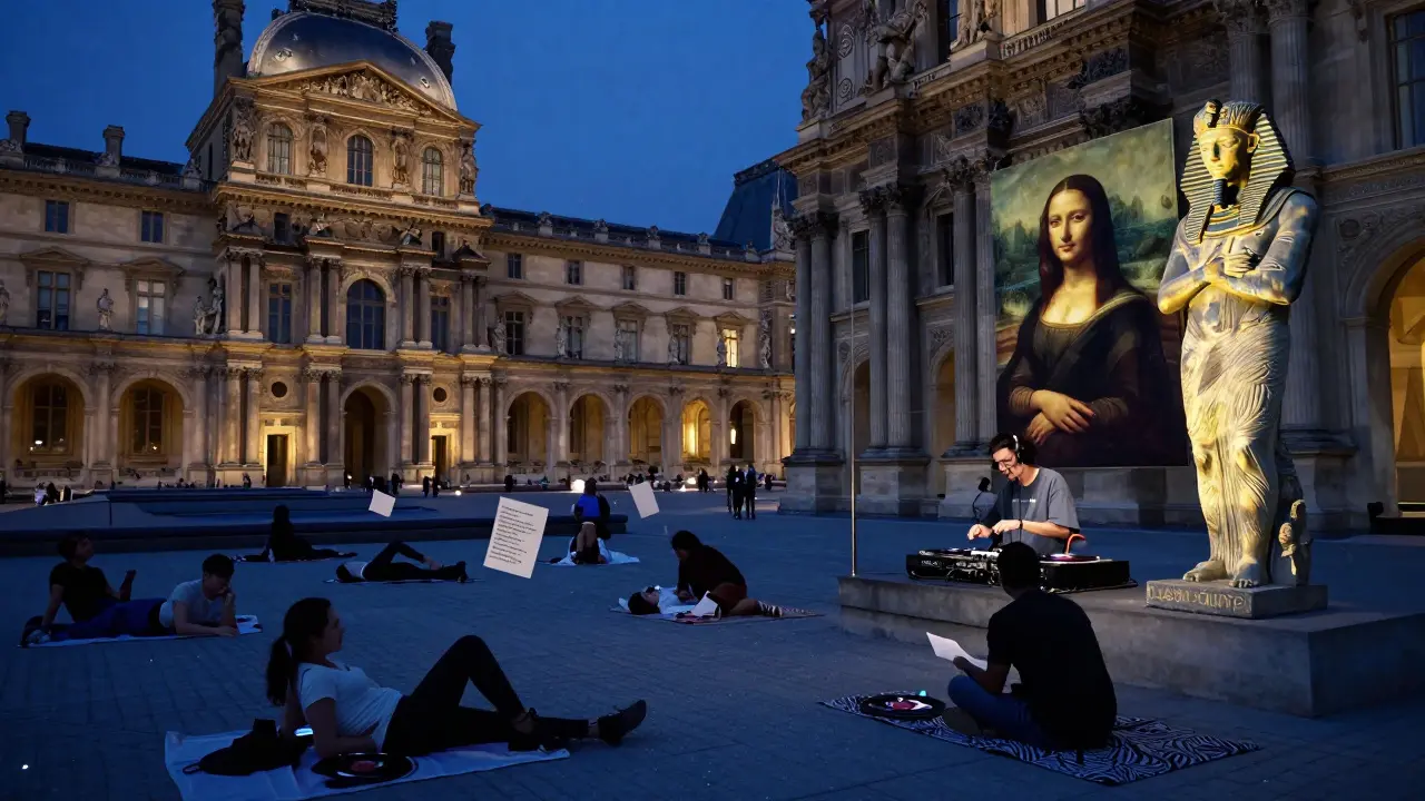 Surreal night scene at the Louvre with DJ and visitors enjoying free cultural events under the stars.