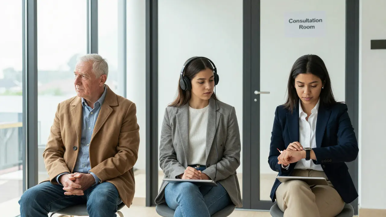 Three diverse clients waiting in a professional escort agency's consultation lounge, bathed in natural daylight.