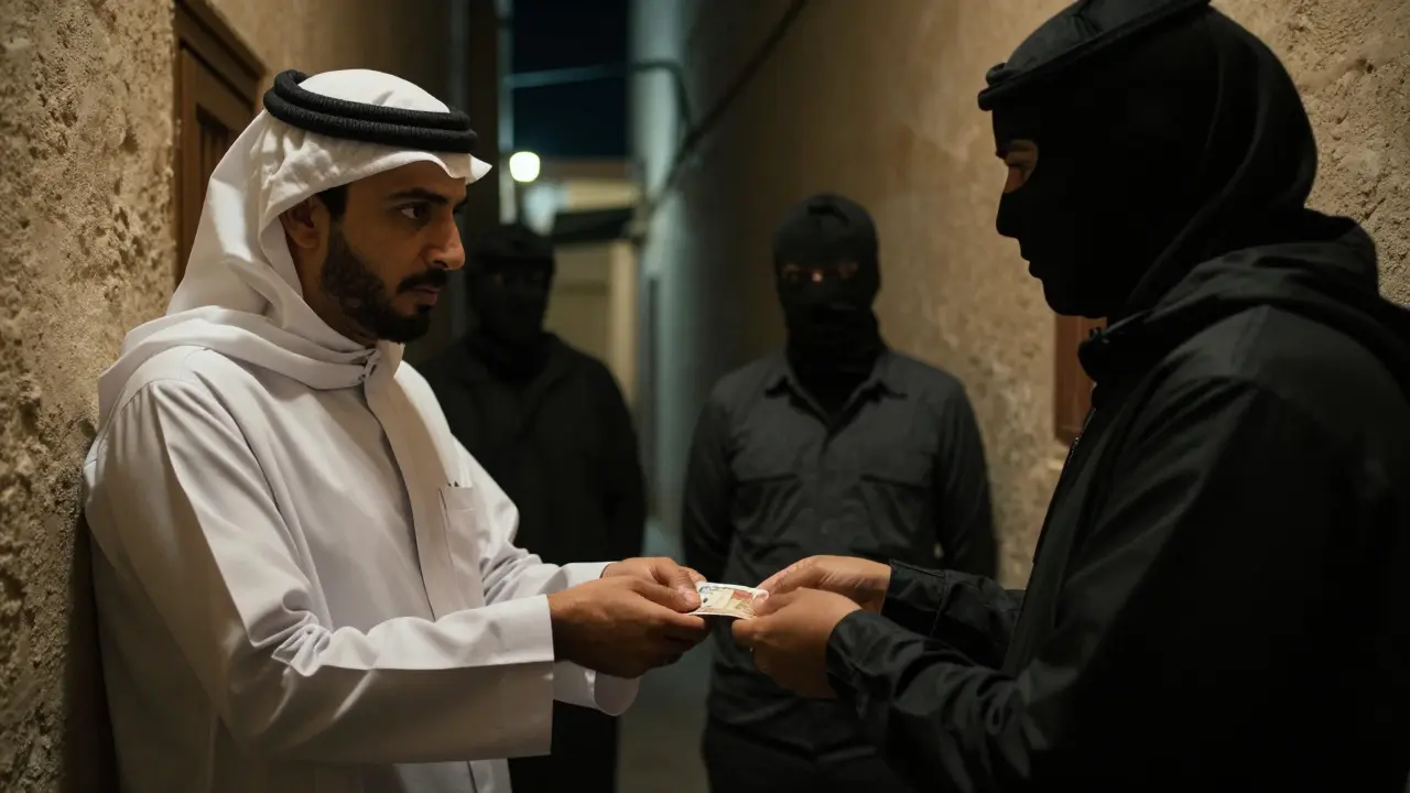 Tourist exchanging money with suspicious figure in dim alley