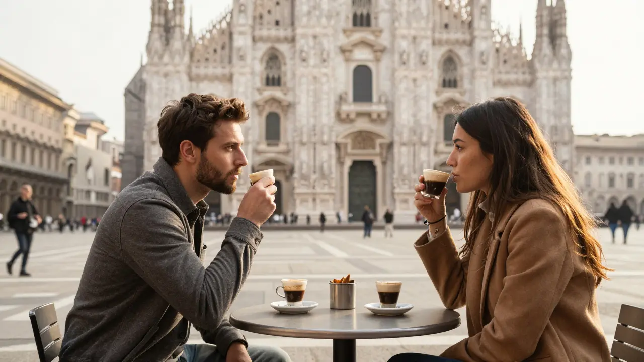 Two people share a quiet coffee at a café in Piazza Duomo, Milan, during daylight hours.