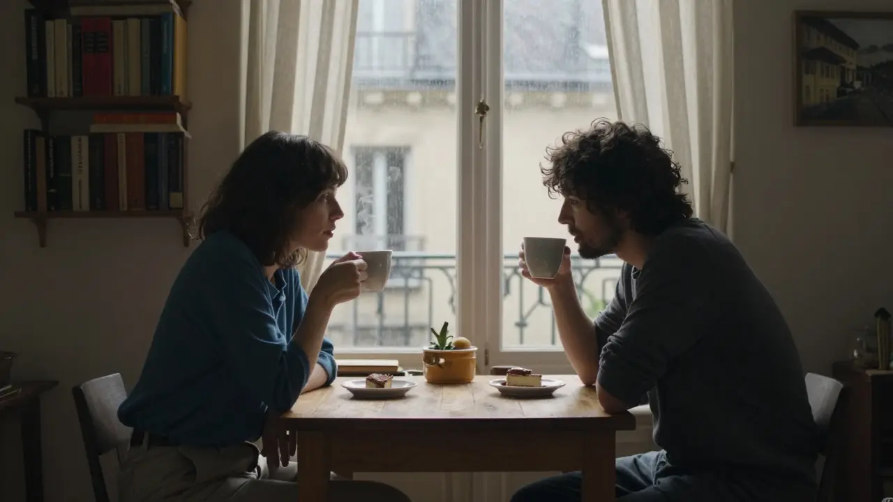 Two people share quiet coffee in a cozy Parisian apartment with rain on the window.