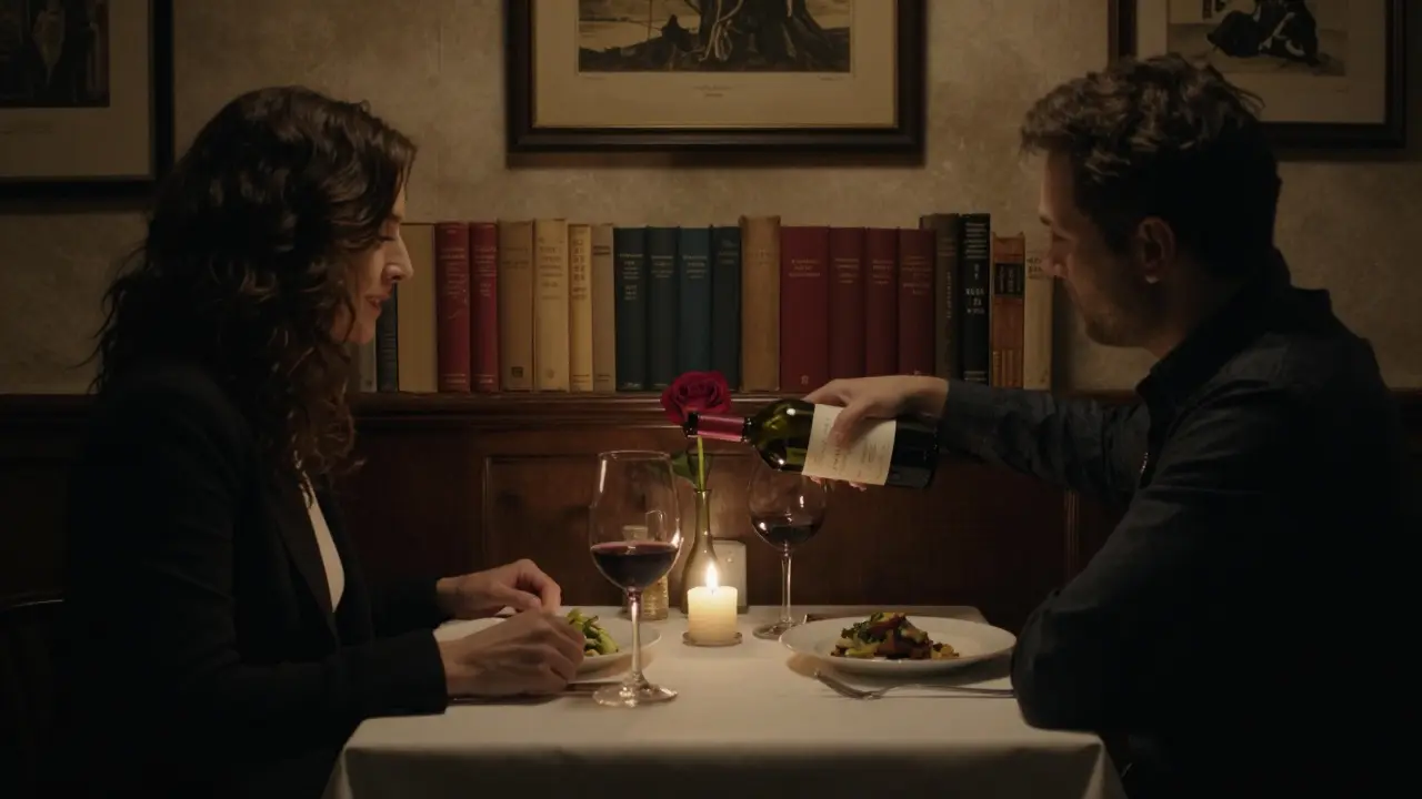 Two people sharing an intimate dinner in a cozy Parisian bistro, candlelight reflecting off wine glasses.