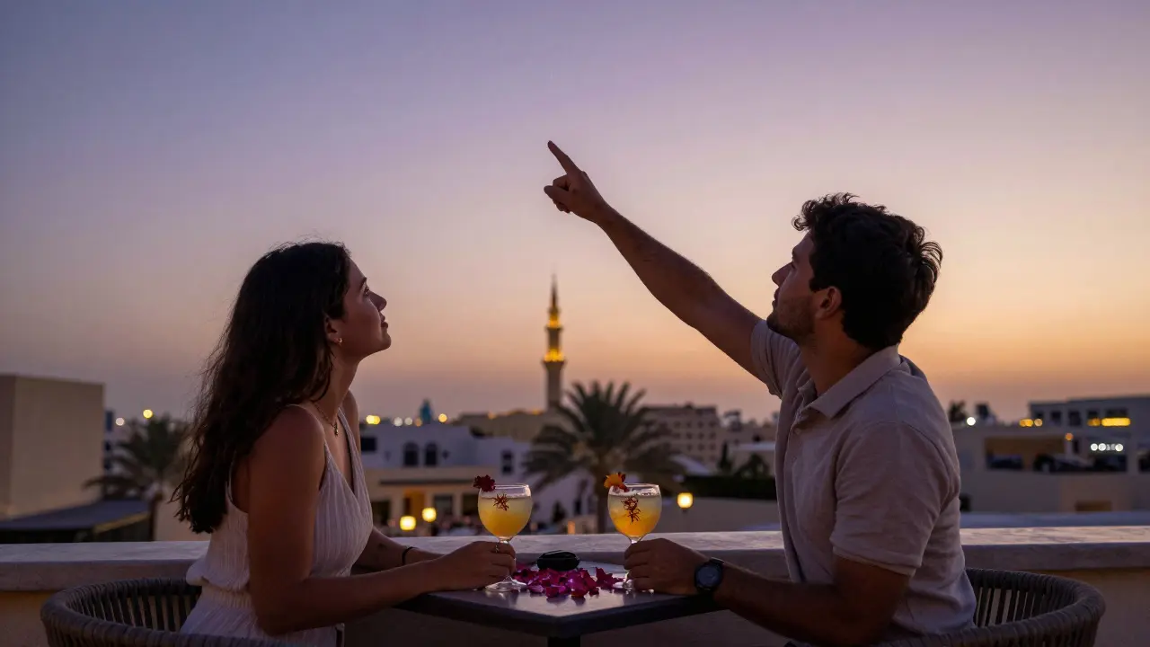 Two people sit at a rooftop bar at sunset, gazing at the stars over Yas Island as the city glows behind them.