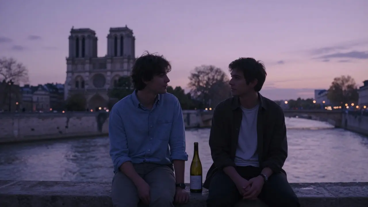 Two people sit in quiet companionship on a Seine bench at twilight, sharing wine without words or pressure.