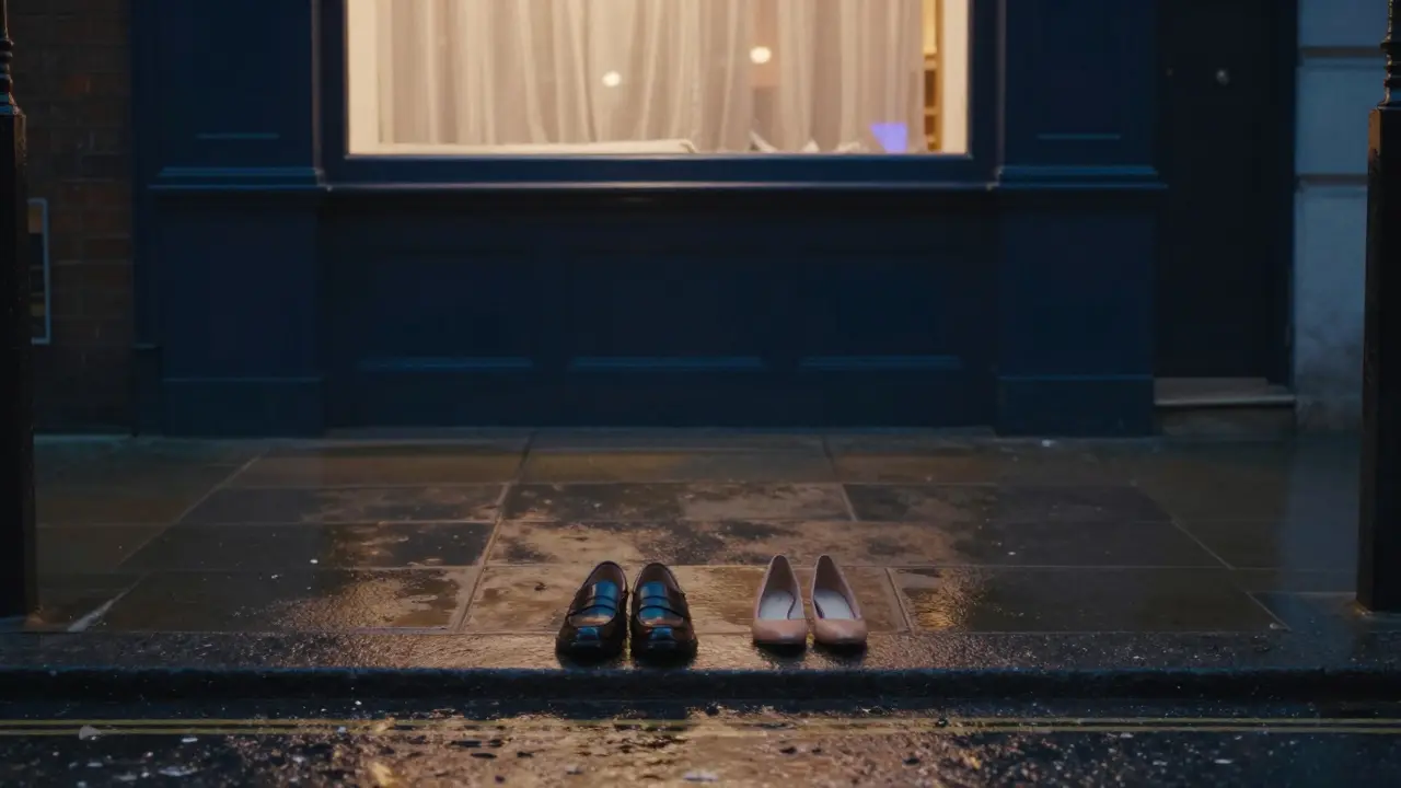 Two shoes placed neatly on a rainy London sidewalk at dusk, symbolizing a consistent, respectful connection.