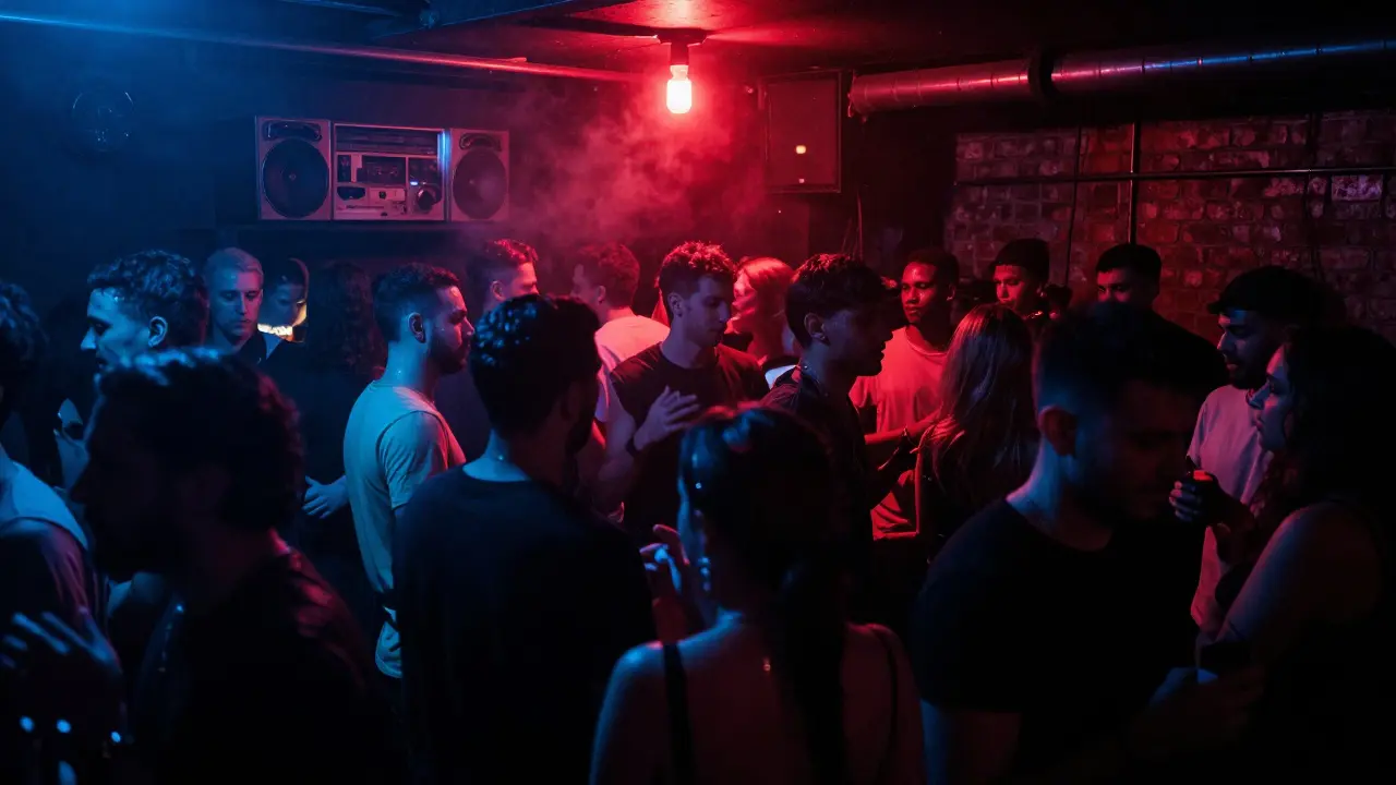 Underground club La Bolognese, crowd dancing in strobing lights and smoke.