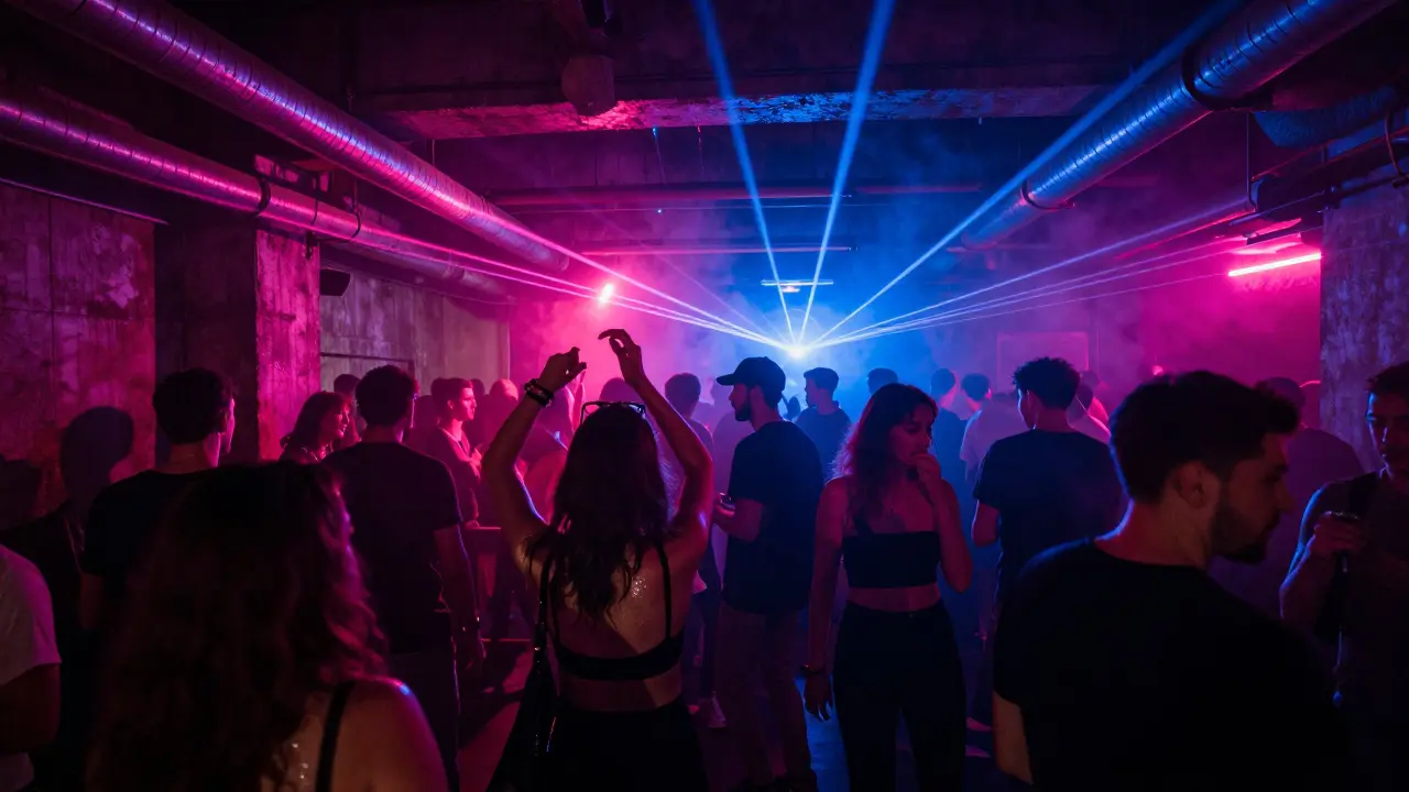 Underground club with industrial decor and vibrant dancing crowd