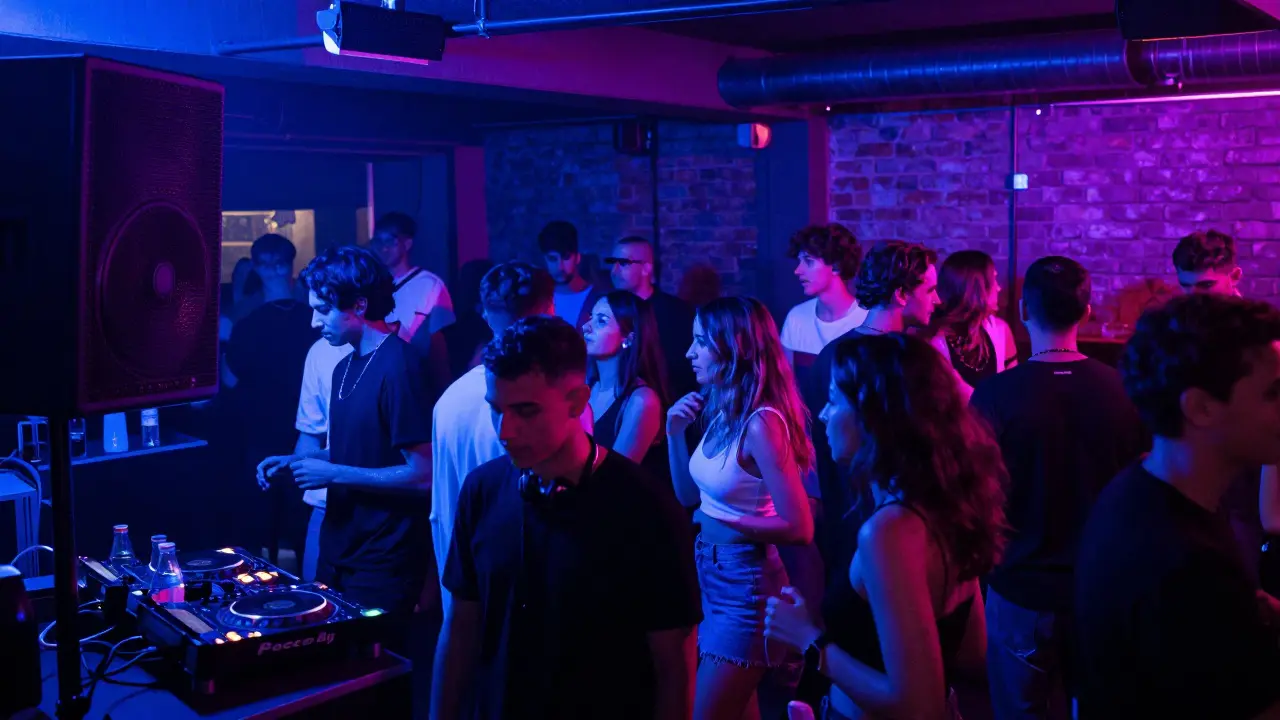 Vibrant underground club with neon lights and dancers moving to house music, crowd in casual attire.