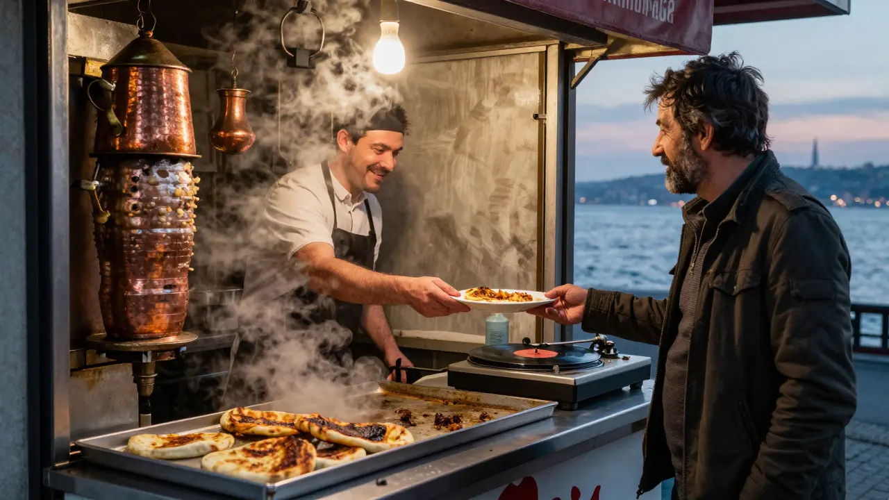 24-hour kebab joint at dawn, chef serving lahmacun as coffee pots gleam and vinyl spins softly.