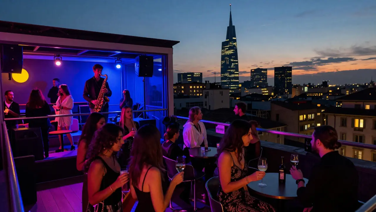 A bustling Milan nightclub with multiple floors, live sax, and a rooftop view at dawn.