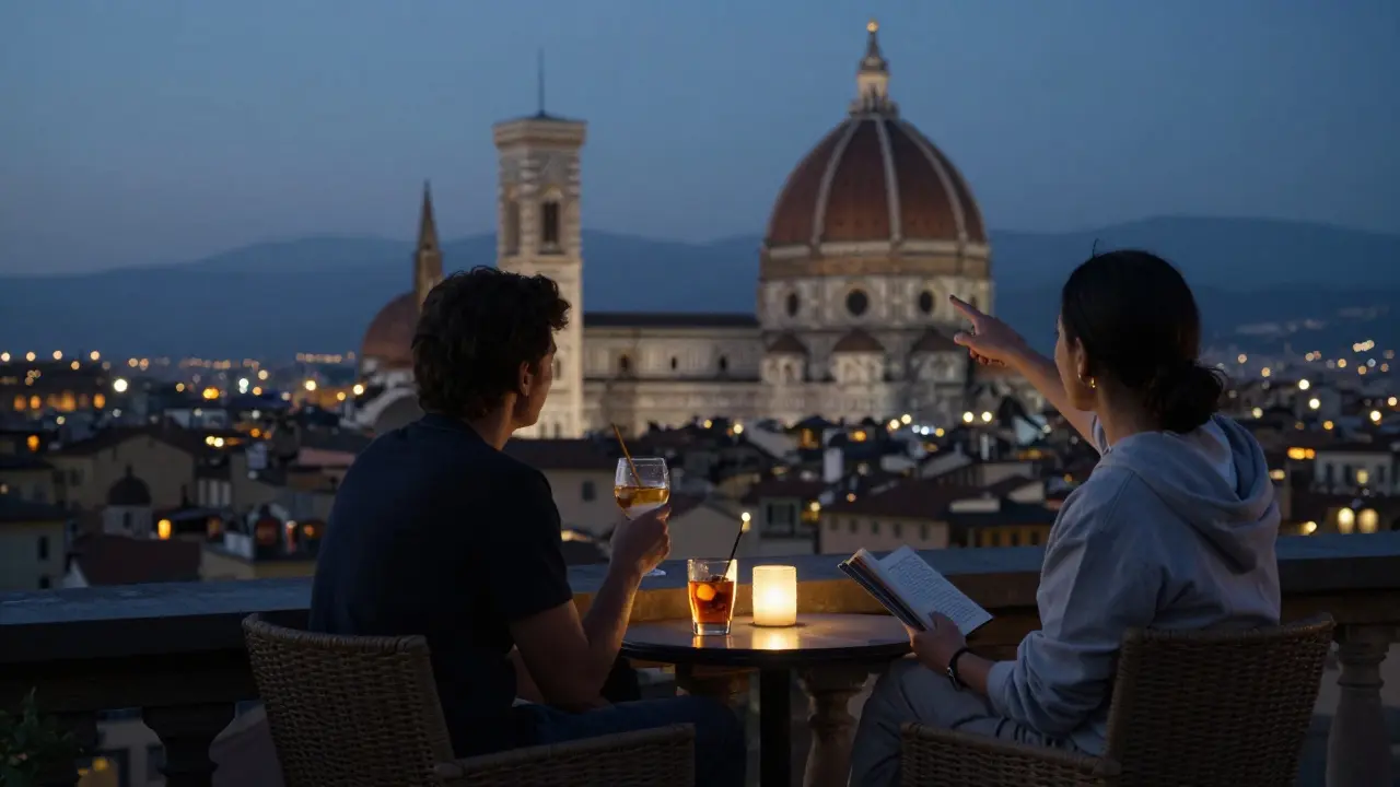 A couple on a Milan rooftop at twilight, silently watching the Duomo lights come alive, embodying peaceful companionship.