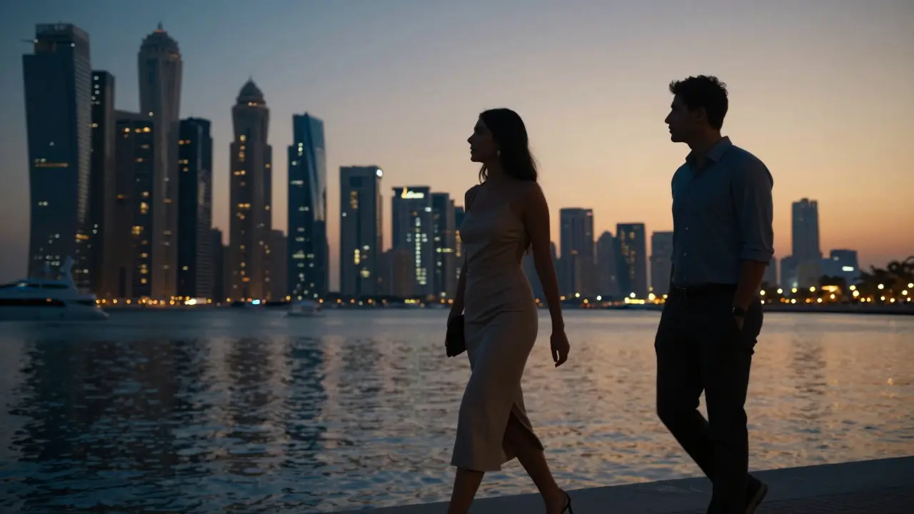 A couple walking along Dubai Marina at sunset, engaged in thoughtful conversation under glowing city lights.