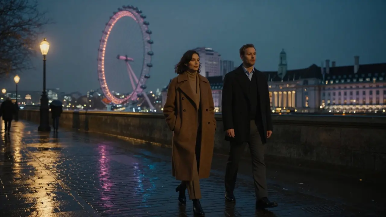 A couple walks silently along the Thames at night, their presence calm and connected in the quiet city light.