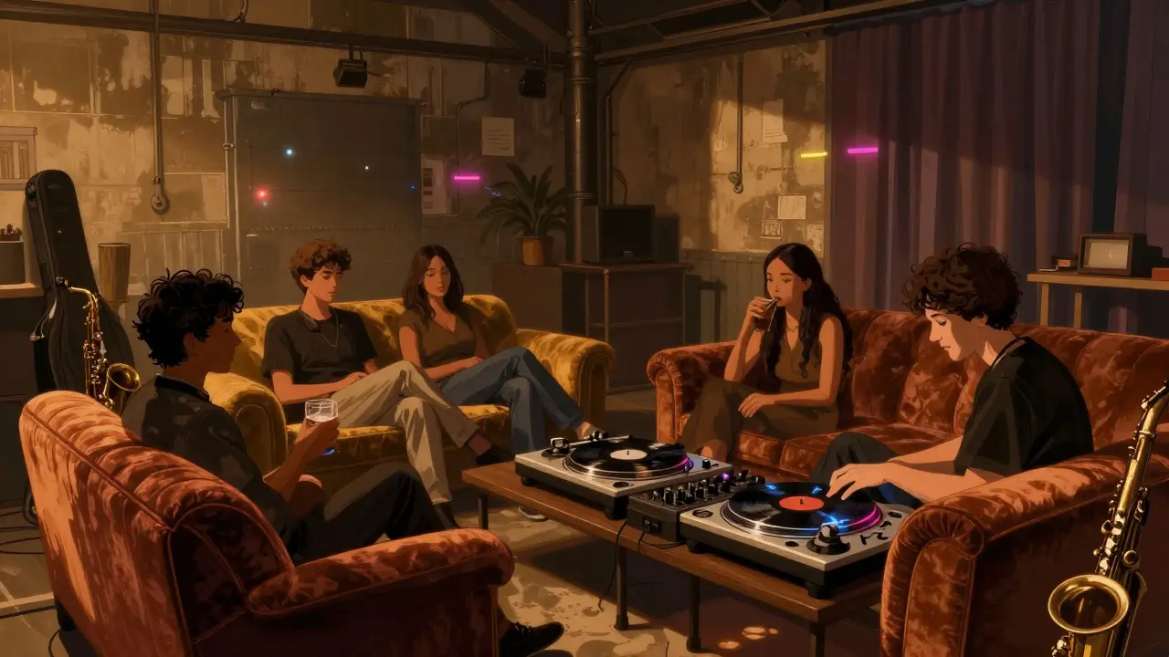 A cozy underground venue with vinyl records, velvet couches, and dim lighting for late-night music.