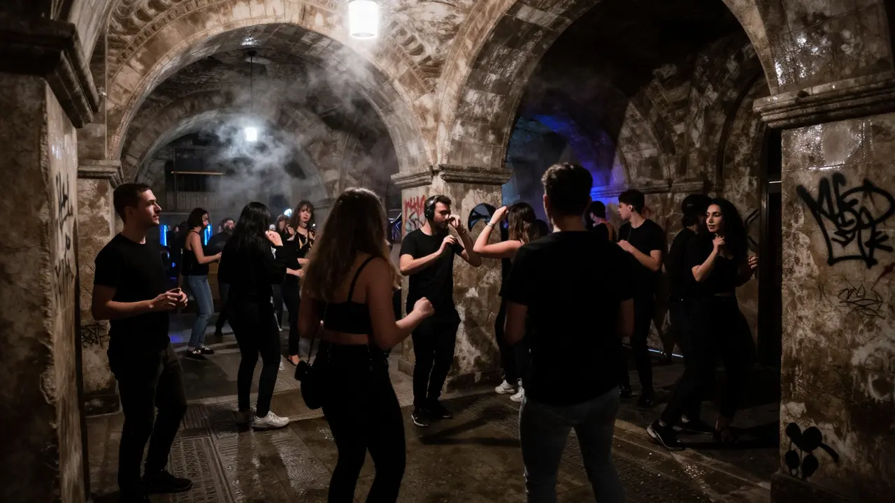 A crowd dancing in an underground club with pulsing lights and steam rising from ancient stone walls.