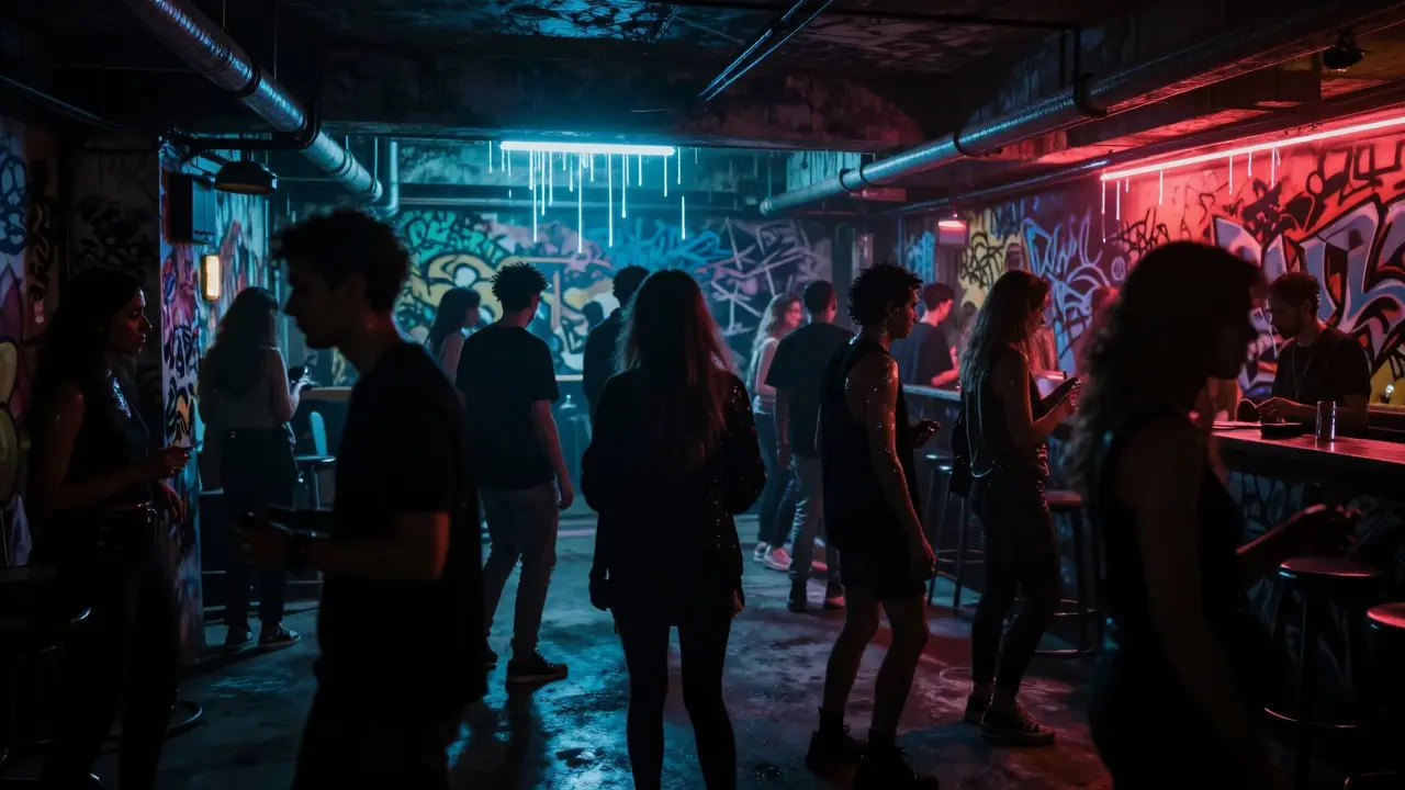 A dark underground club with glowing neon lights and graffiti, crowd silhouettes moving to techno beats.