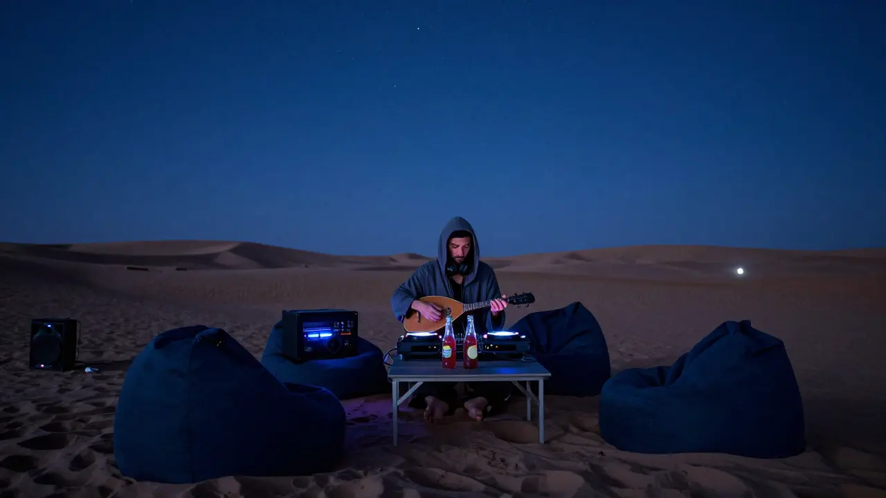 A desert pop-up party at night with guests seated on beanbags under a starry sky, sound vibrating through the sand from a single generator.