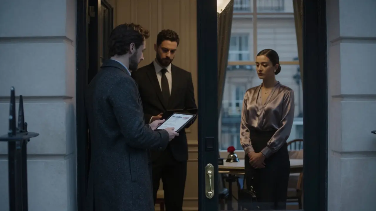 A discreet hotel suite entrance in Mayfair, where a client and escort exchange a payment confirmation with calm professionalism.