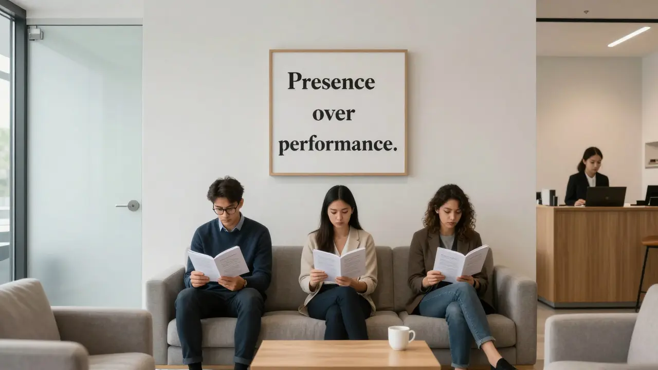 A discreet, upscale escort agency lounge with three clients waiting in a calm, minimalist space.