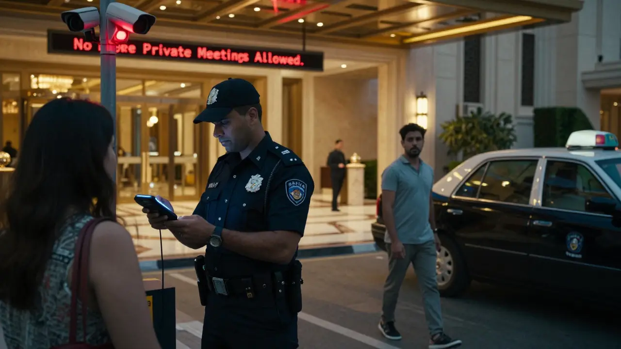 A Dubai police officer checking an ID at a hotel entrance, with surveillance cameras and a warning sign visible.