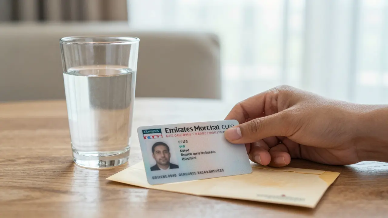 A government ID card and cash envelope placed on a wooden surface with natural light, symbolizing verification and payment.