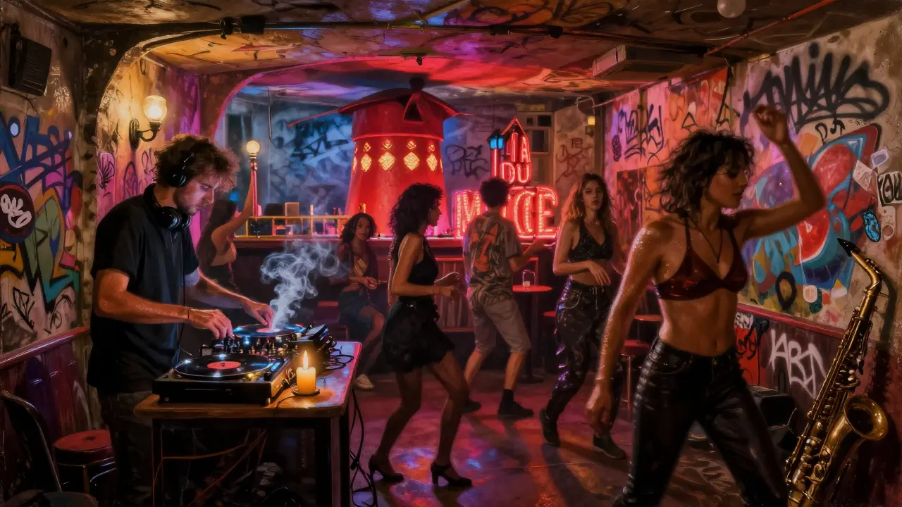 A gritty basement club with dancers, graffiti walls, and a DJ spinning vinyl, no phones in sight, filled with raw energy.