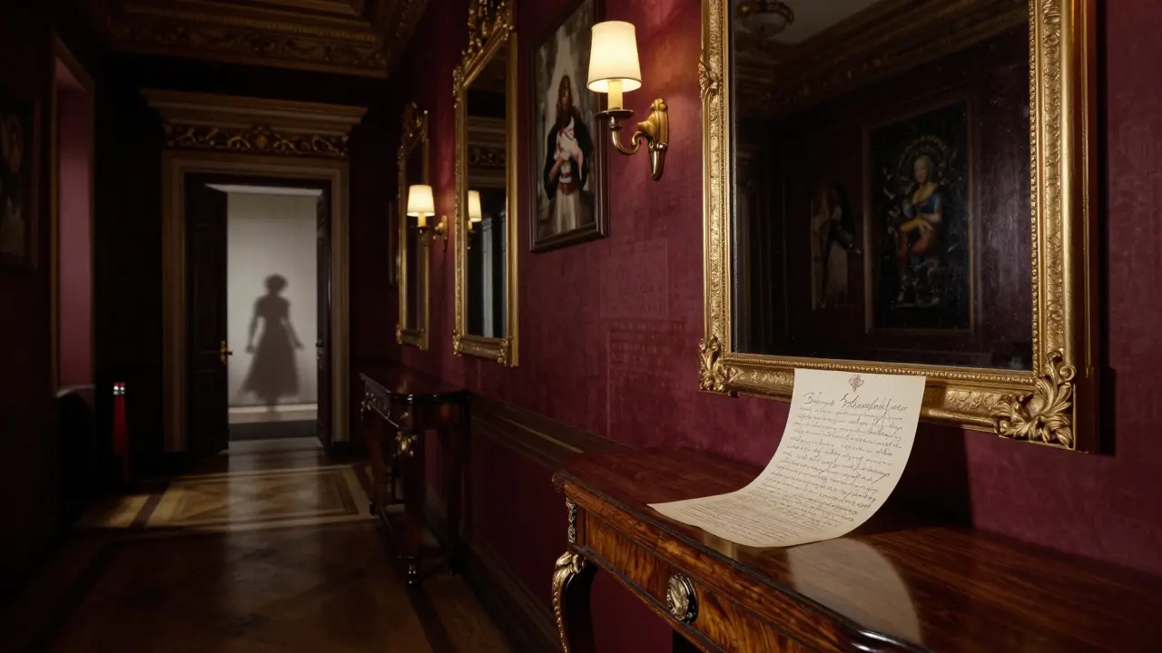 A handwritten note rests on a console in a grand hotel hallway, softly lit by a golden sconce, hinting at discreet service.