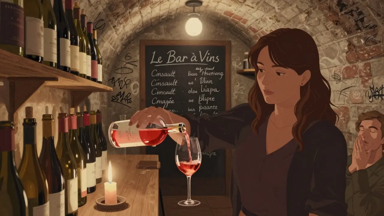 A hidden wine bar with obscure bottles and a sommelier pouring a cloudy pink wine, lit by candlelight in a brick basement.