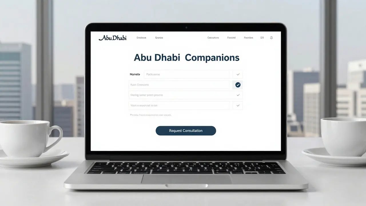 A laptop displaying a secure private companionship portal with no photos, only text-based matching.