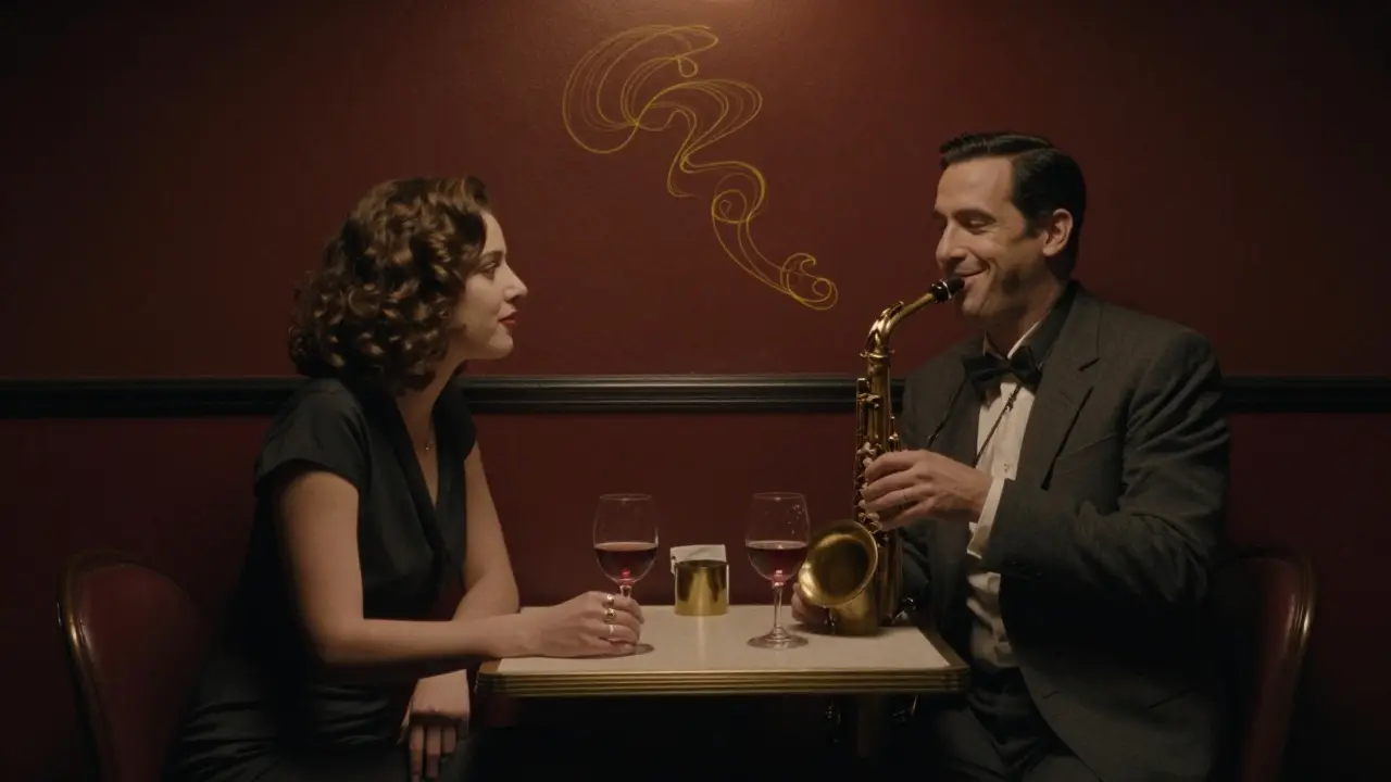 A man and woman enjoy intimate jazz in a dimly lit Soho club, wine glasses raised in quiet celebration.