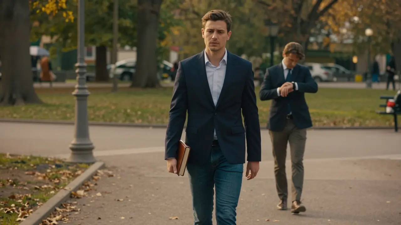 A man walking through Parco Sempione with a book, unnoticed by a hesitant tourist behind him.
