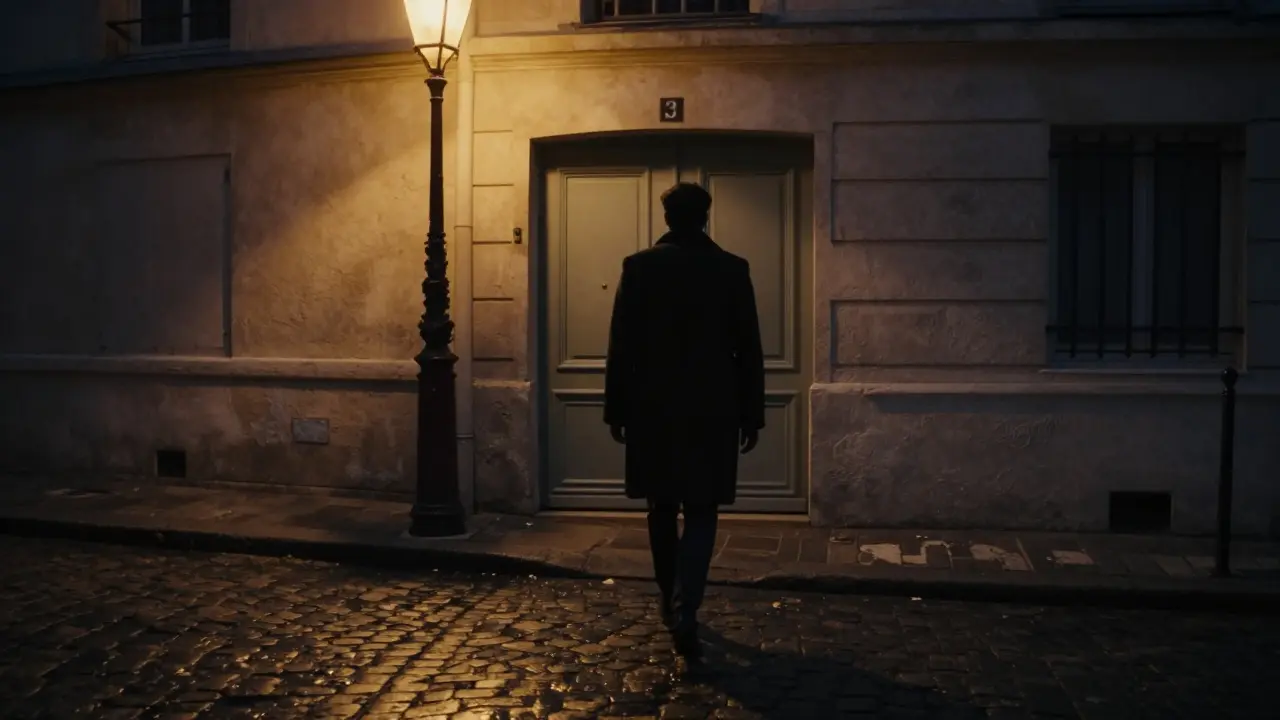 A man walks away from a discreet door in Montmartre at dusk, his posture dignified, the city softly lit by a single streetlamp.