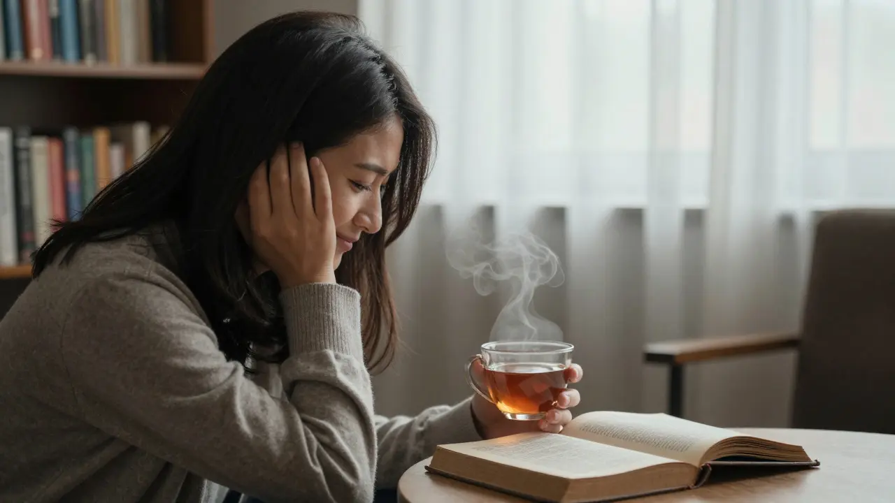 A person listens attentively to an escort in a cozy lounge, a poetry book open between them.