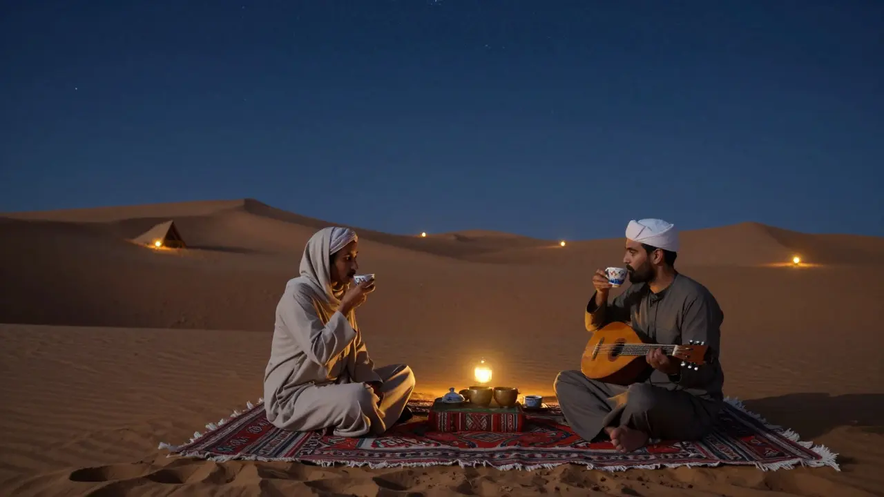 A private desert camp under stars, where a companion and client enjoy quiet moments with oud music and coffee.