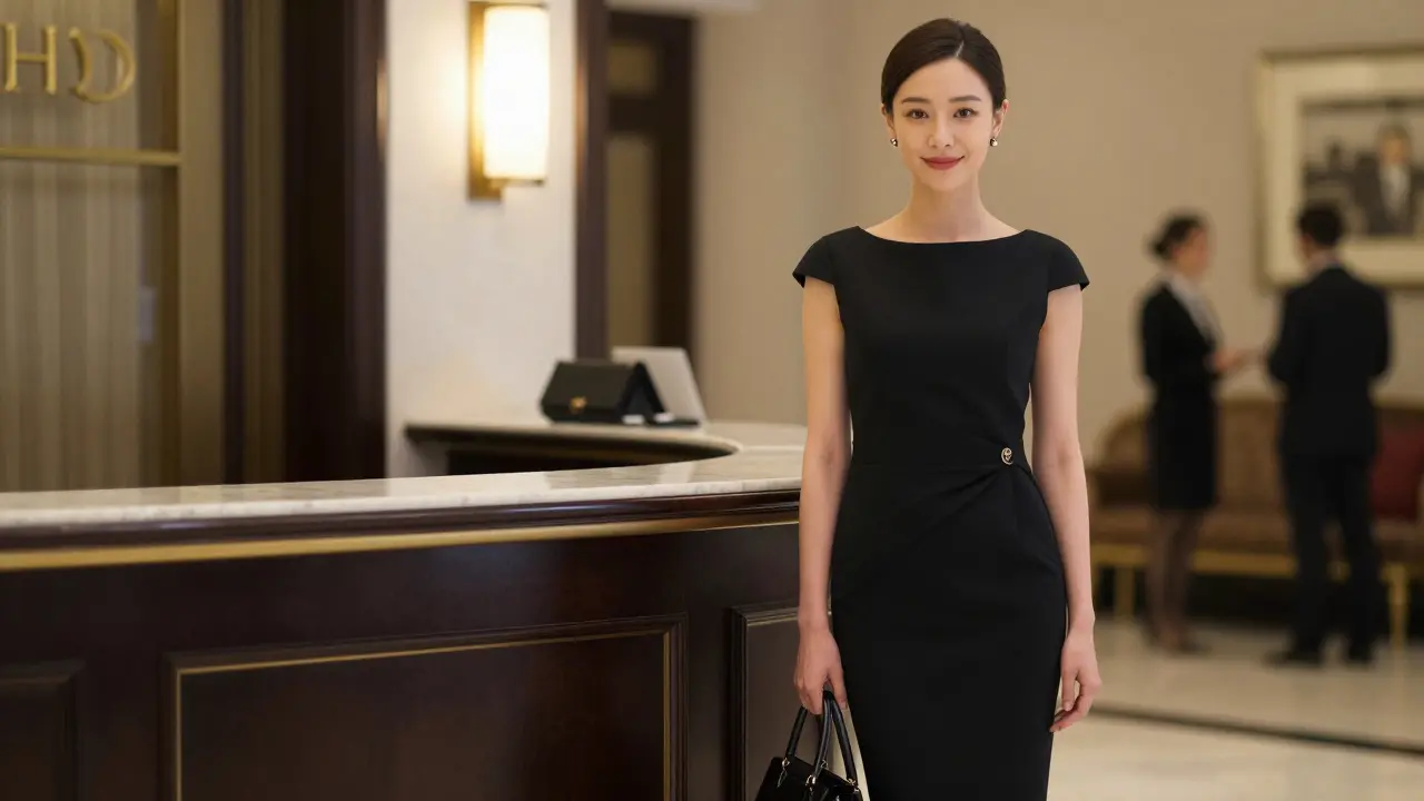 A professional woman waiting calmly in the elegant lobby of a luxury London hotel.