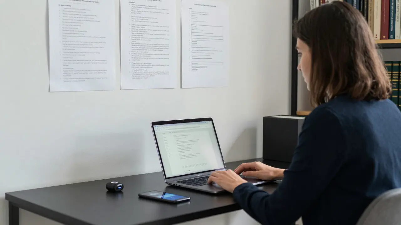A professional workspace in Berlin with encrypted devices, a panic button, and books on art and law visible on shelves.