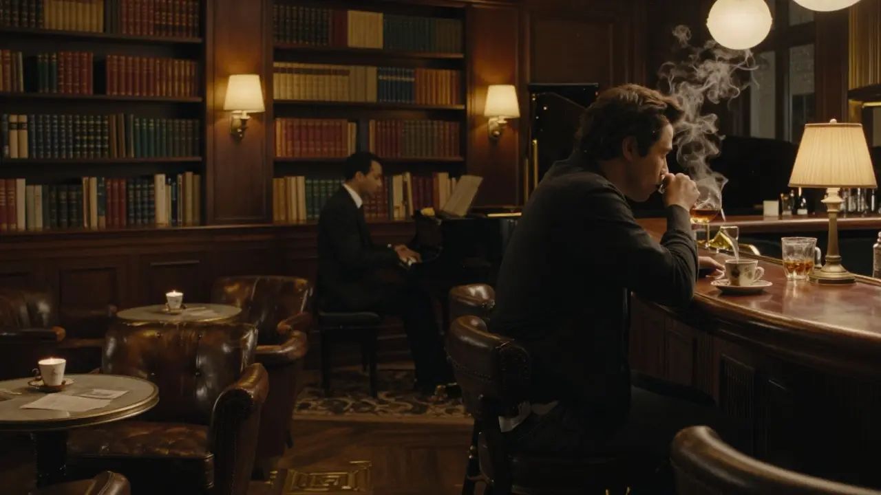 A quiet jazz lounge with bookshelves, a pianist playing, and a guest sipping bourbon under soft lamplight.