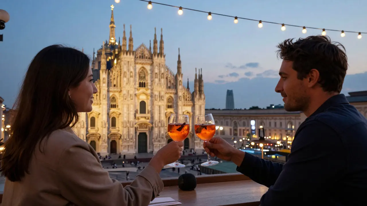 A quiet rooftop bar at dusk with cocktails and Milan’s skyline glowing in the background.