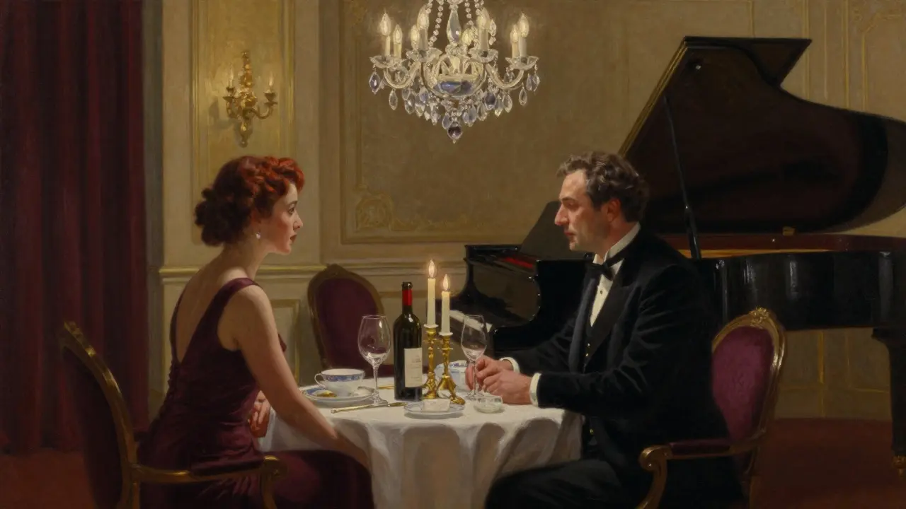 A refined companion and client share an intimate evening in the quiet corner of Emirates Palace's ballroom, candlelight glowing on fine china.