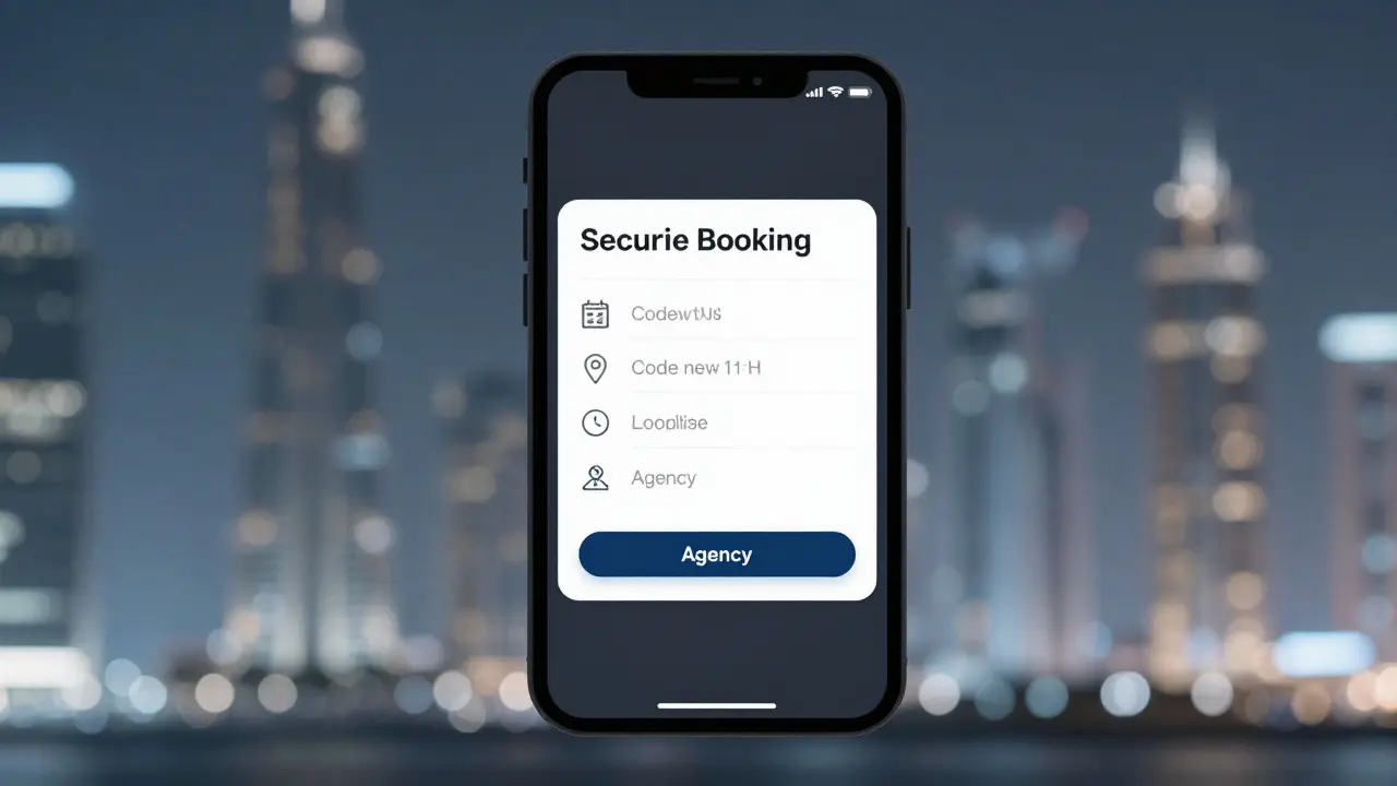 A secure booking confirmation on a smartphone screen with code word and location, no personal details visible.