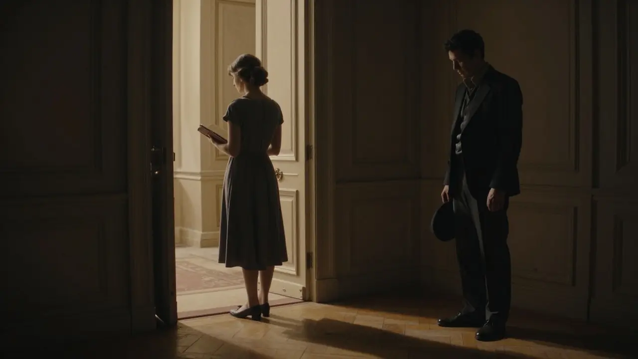 A shadowed man outside a slightly open door, a woman inside holding a book — no faces shown.