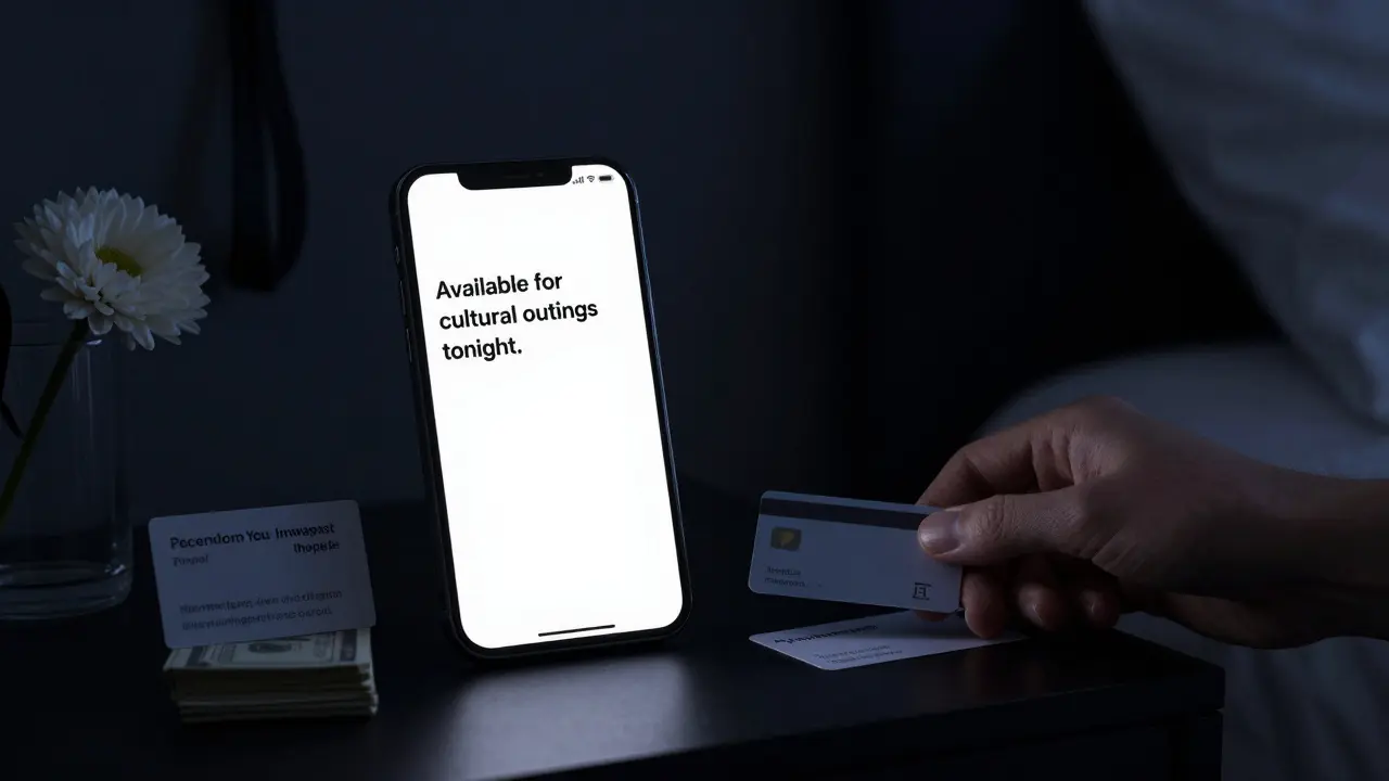 A smartphone screen showing coded messaging text beside cash, a business card, and a white flower on a nightstand.