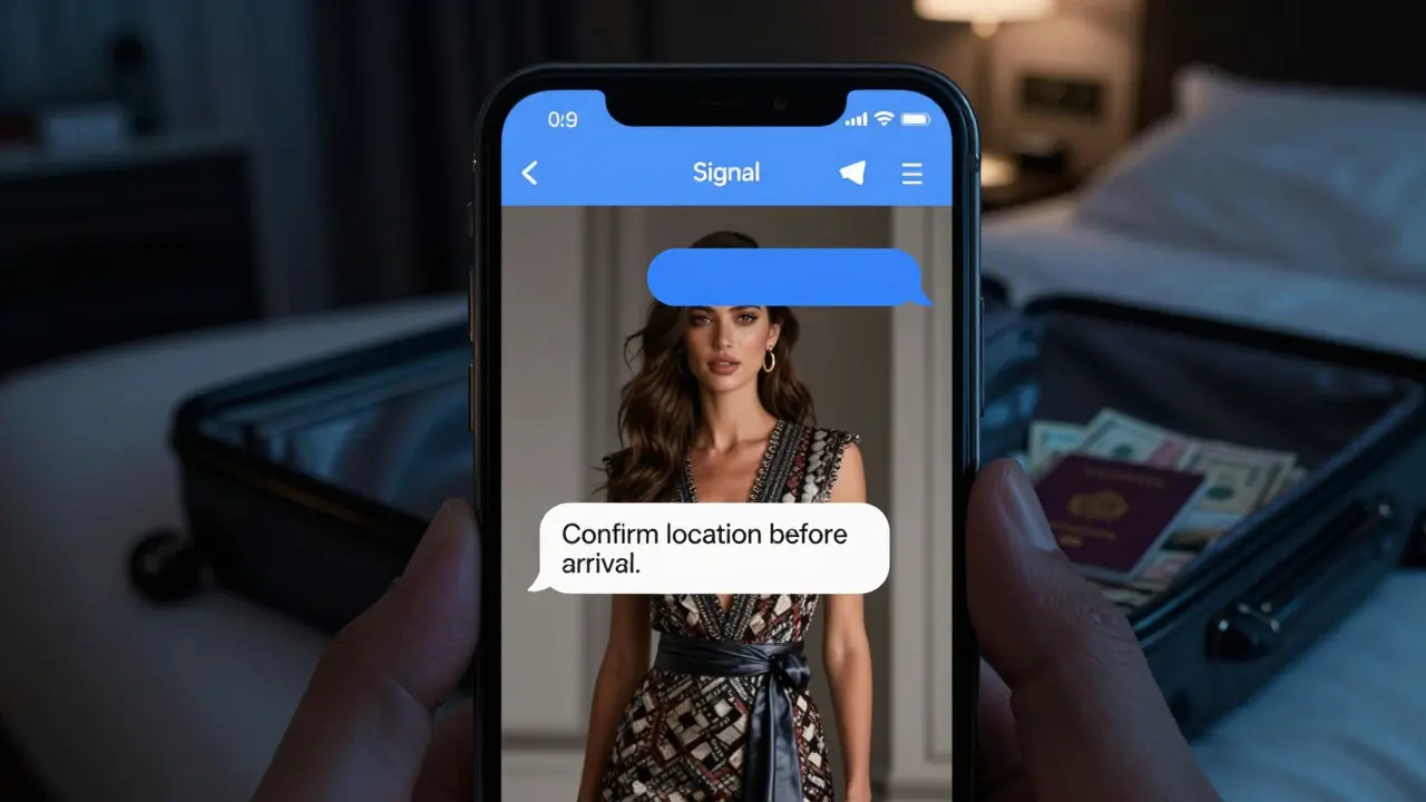 A smartphone screen shows an encrypted chat with a blurred photo and a message about confirming a meeting location, set against a hotel room background.