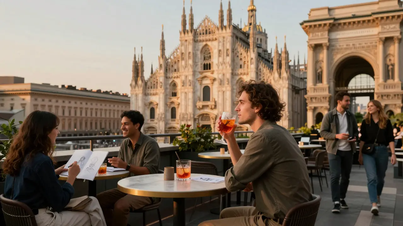 A solo traveler enjoys an aperitivo on a Milan rooftop at dusk, surrounded by the city's elegant architecture and quiet, authentic moments.