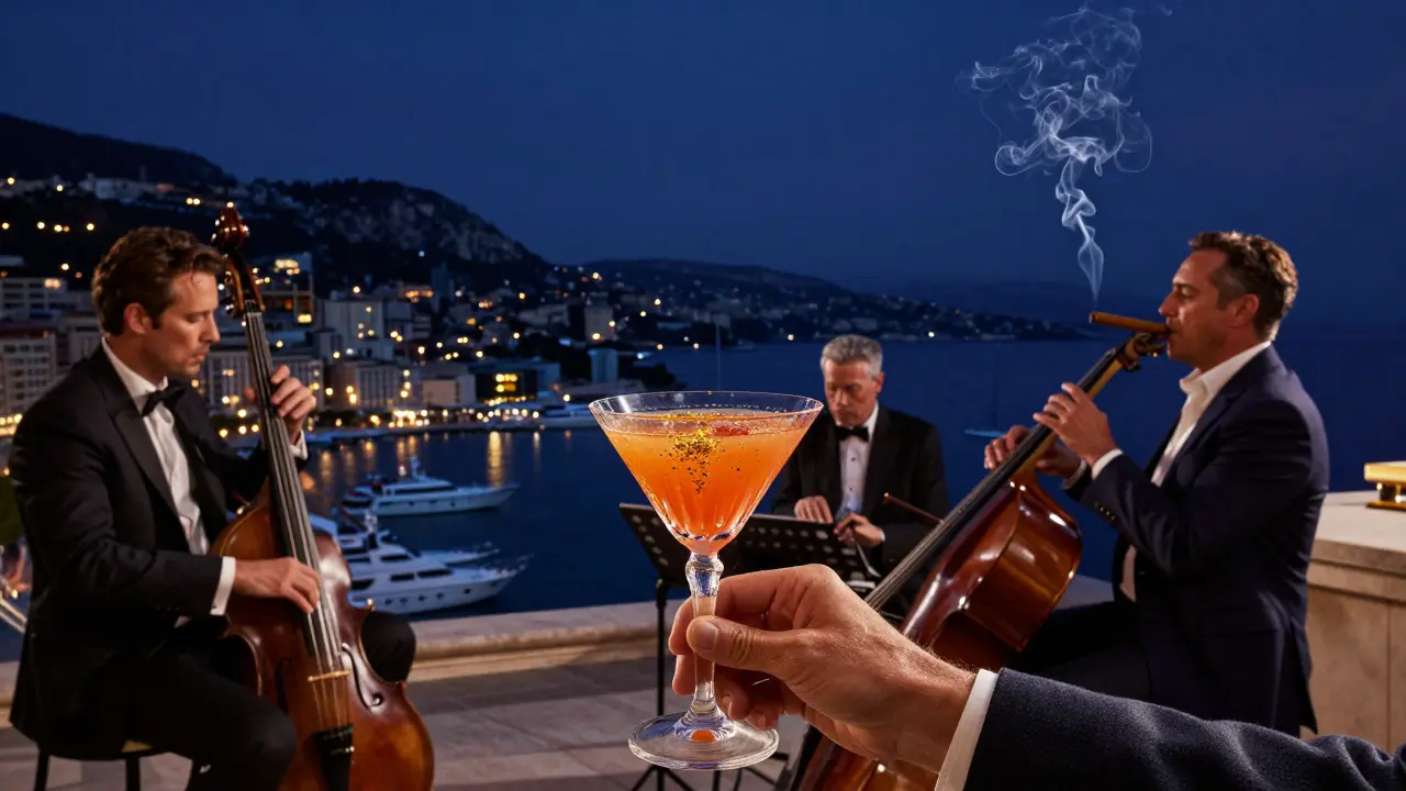 A sophisticated rooftop lounge at Le Riu with a cocktail glowing in crystal, yachts twinkling below, and a man enjoying a cigar under the night sky.