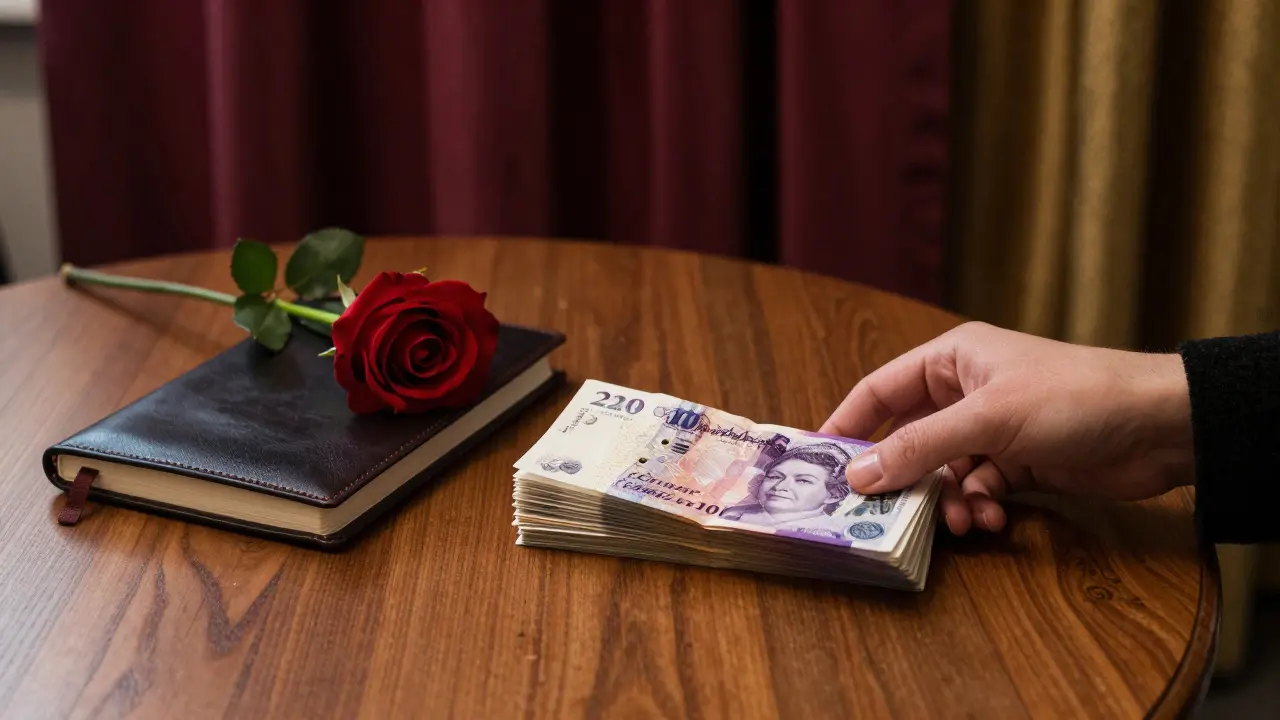 A stack of cash and a rose placed neatly on a wooden table in a discreet hotel room.